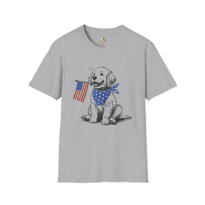 Unisex Patriotic Puppy T-Shirt — Golden Retriever with American Flag Bandana (Light Weight, Ultra Soft Tee)