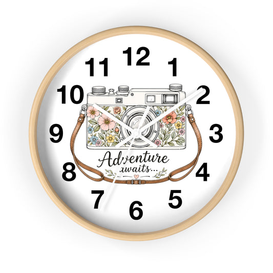 Floral Vintage Camera Wall Clock | Adventure Awaits, Floral Camera Clock