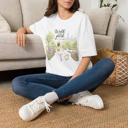 Walk in the Park T-Shirt | Woman Walking Dog Park Illustration (Light Weight, Ultra Soft Tee)