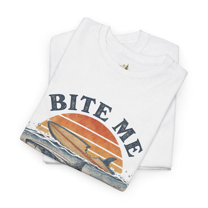 Shark 'Bite Me' Graphic Tee — Vintage Ocean Sunset Fishing Shirt (Heavy Weight Tee)