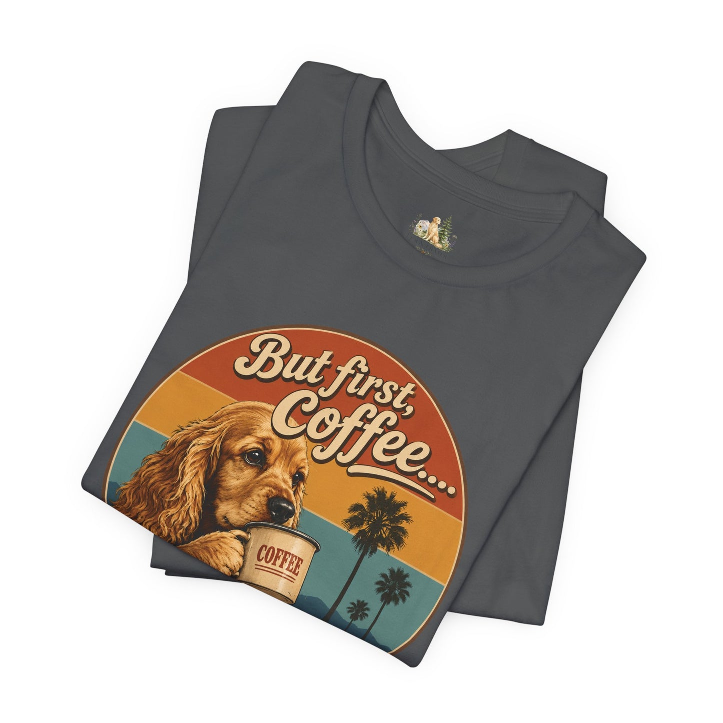 Men's But First Coffee Dog Tee — Retro Palm Tree Coffee Lover T-Shirt