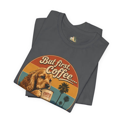 Men's But First Coffee Dog Tee — Retro Palm Tree Coffee Lover T-Shirt