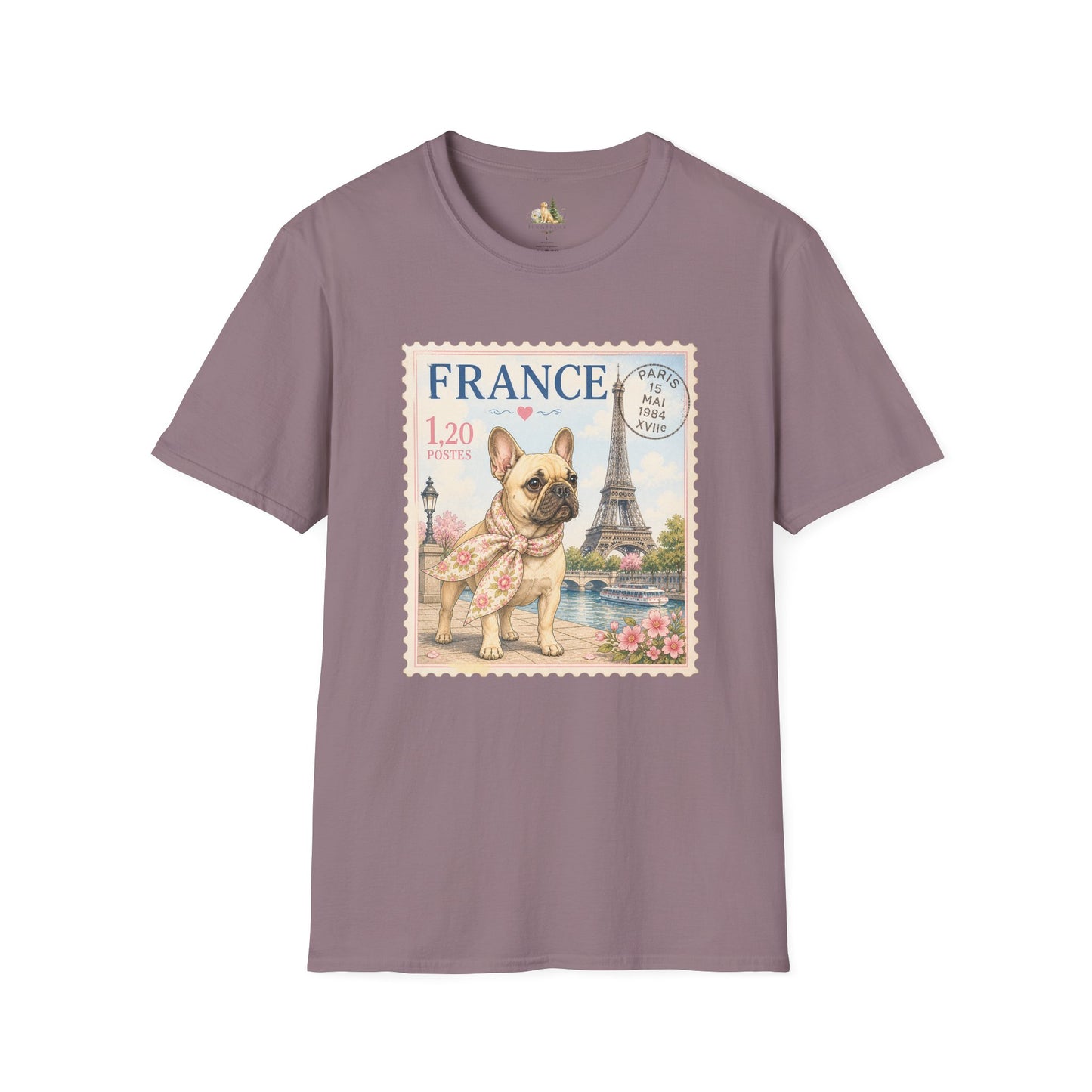 French Bulldog Postage Stamp T-Shirt | Eiffel Tower Paris Design (Light Weight, Ultra Soft Tee)