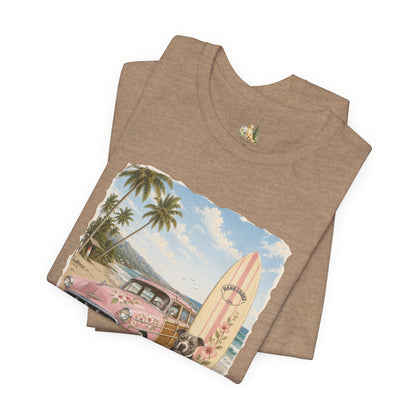 Vintage Beach Surf T‑Shirt — Retro Car, Surfboard & Dog Graphic