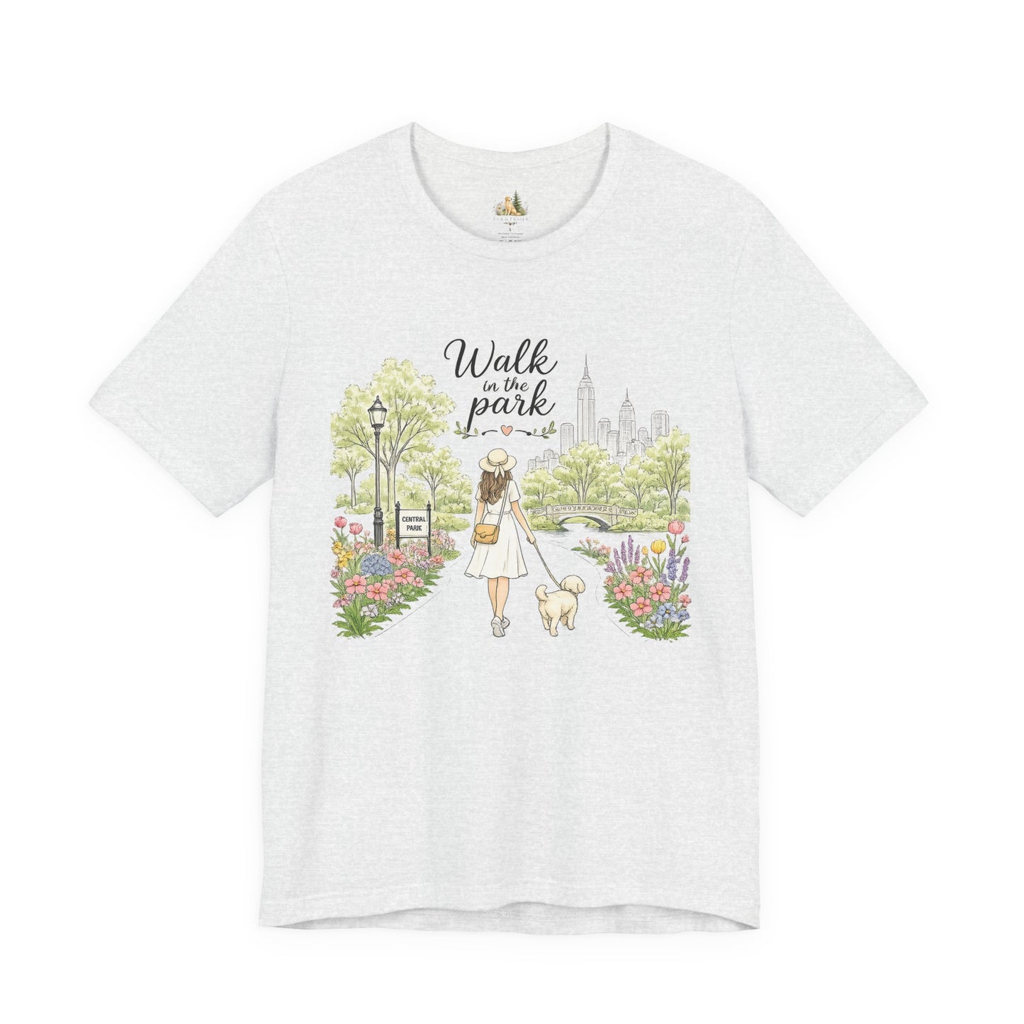 Walk in the Park T-Shirt | Woman Walking Dog Park Illustration