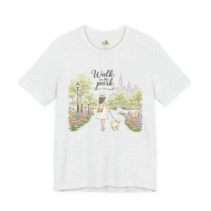 Walk in the Park T-Shirt | Woman Walking Dog Park Illustration