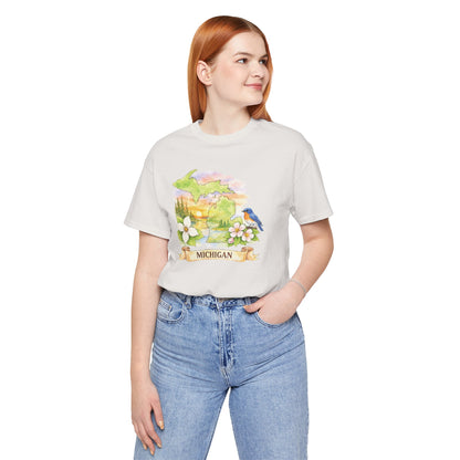Michigan Scenic T-Shirt — State Flower & Bluebird Watercolor Design