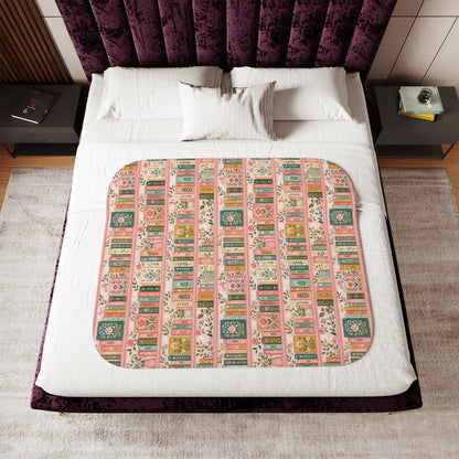 Vintage Floral Bookstack Sherpa Blanket — Cozy Pink Library Pattern