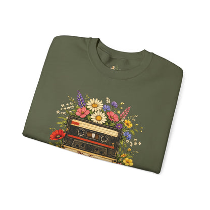 Retro Cassette Floral Sweatshirt — Vintage Tape Player Crewneck