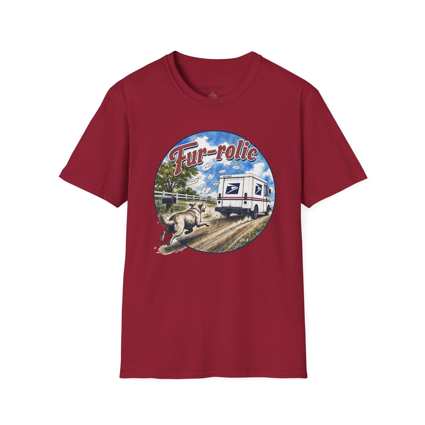 Fur-rolic T-Shirt — Postal Mail Truck & Playful Dogs Retro Graphic Tee (Light Weight Ultra Soft Tee)