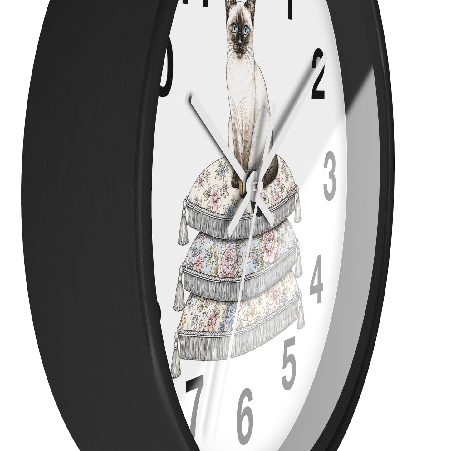 Siamese Cat on Stacked Cushions Wall Clock | Floral Pillow Illustration