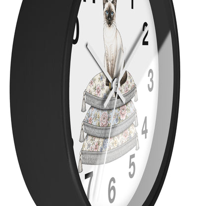 Siamese Cat on Stacked Cushions Wall Clock | Floral Pillow Illustration