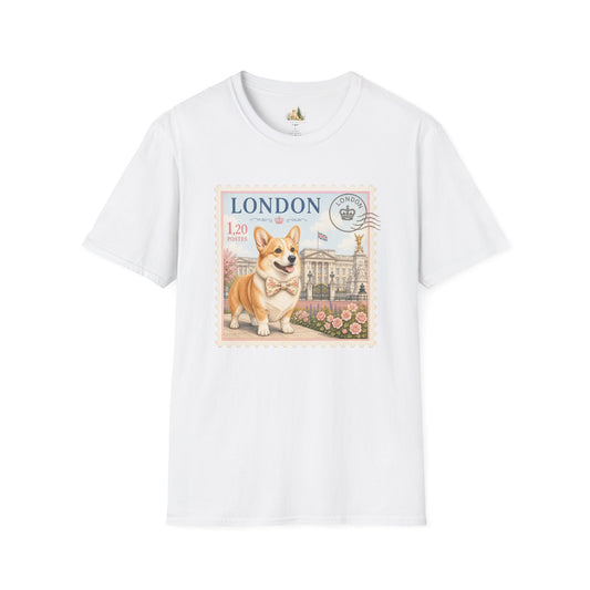 London Corgi Postage Stamp T-Shirt | Cute British Dog Travel Design (Light Weight, Ultra Soft Tee)