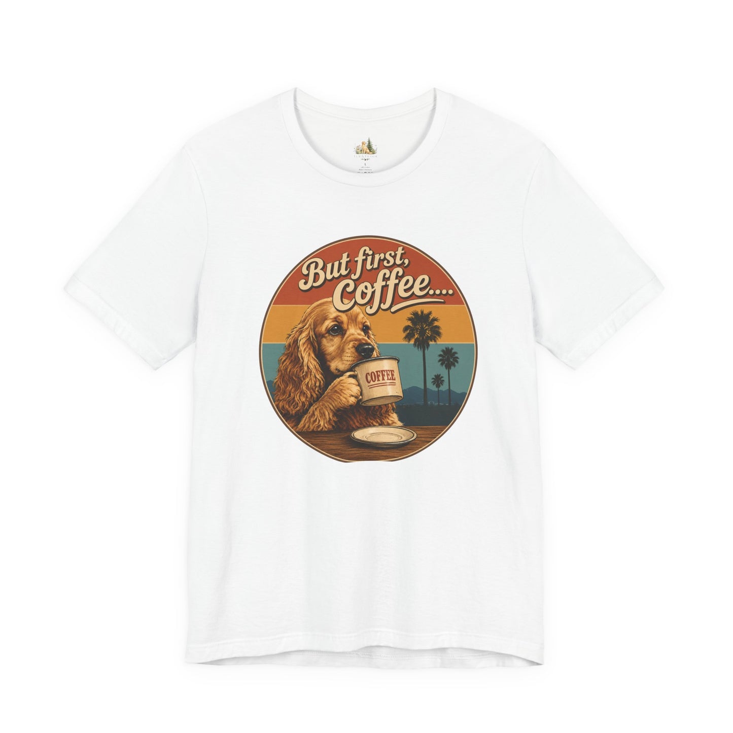 Men's But First Coffee Dog Tee — Retro Palm Tree Coffee Lover T-Shirt