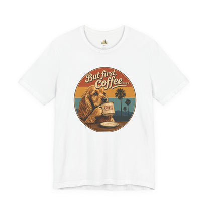 Men's But First Coffee Dog Tee — Retro Palm Tree Coffee Lover T-Shirt