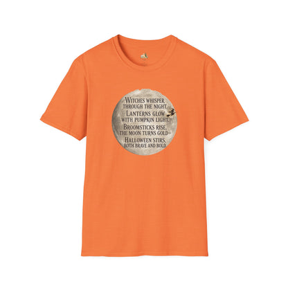 Halloween Poem T-Shirt — "Witches whisper through the night" Moon Graphic