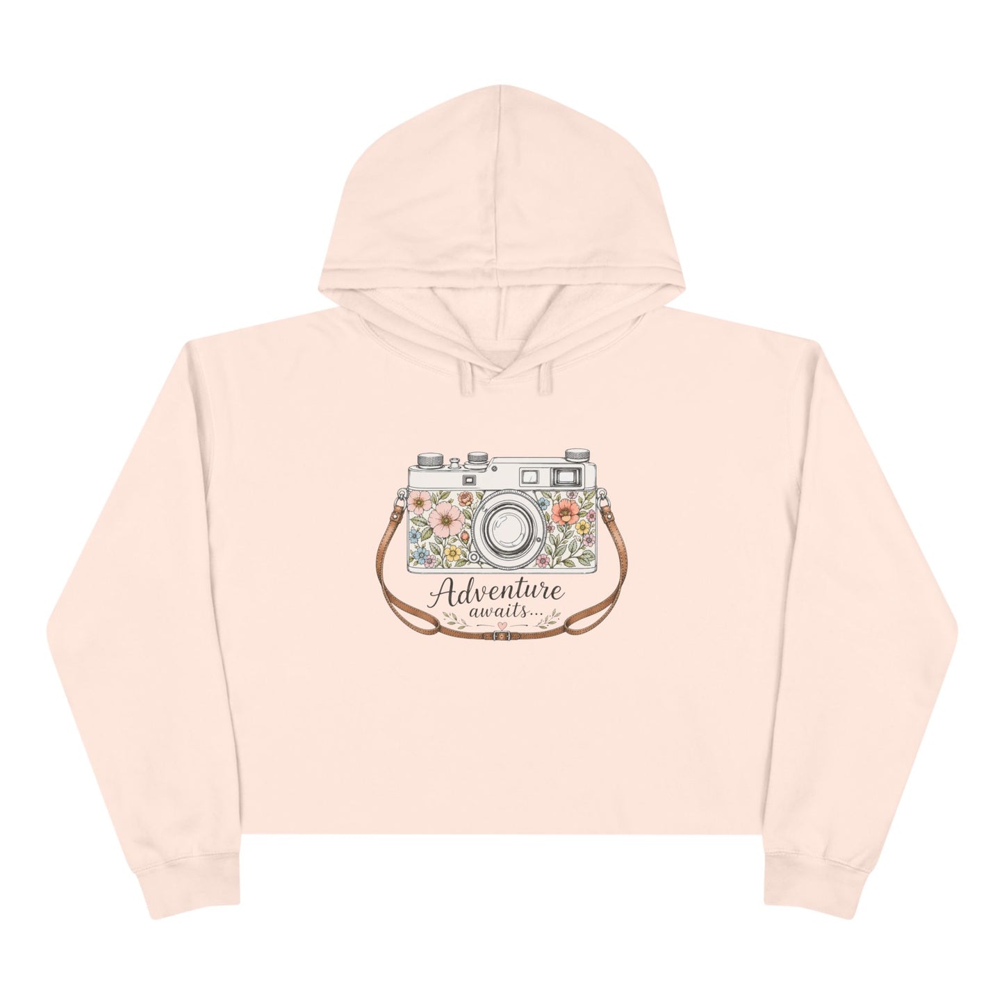 Cropped Hoodie — Floral Vintage Camera “Adventure Awaits” Crop Hoodie