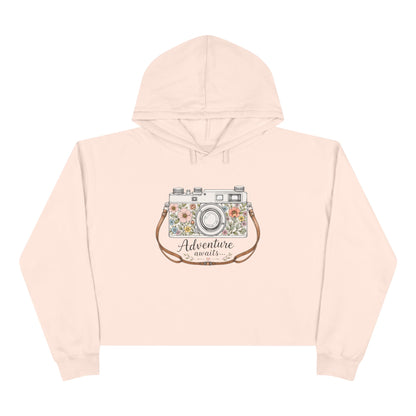 Cropped Hoodie — Floral Vintage Camera “Adventure Awaits” Crop Hoodie