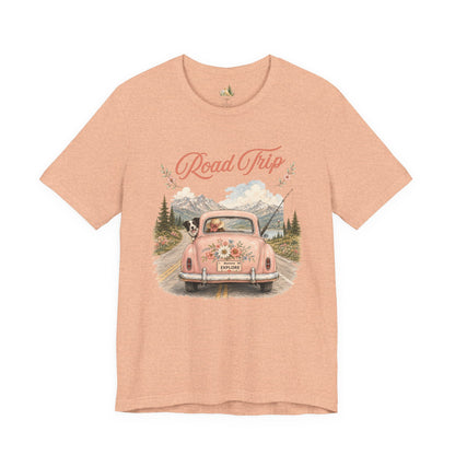 Road Trip Vintage Car T-Shirt — Retro Floral Scenic Drive Tee
