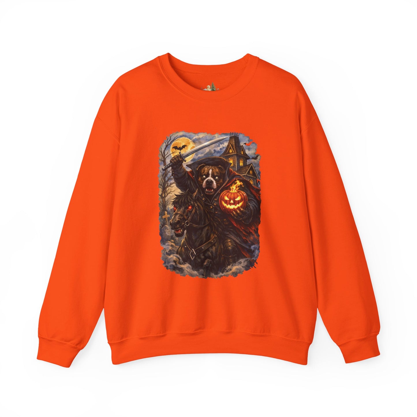 Unisex Halloween Pit Bull Headless Horseman Crewneck Sweatshirt ~ What Tails Lurk Behind The Pines