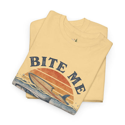 Shark 'Bite Me' Graphic Tee — Vintage Ocean Sunset Fishing Shirt (Heavy Weight Tee)