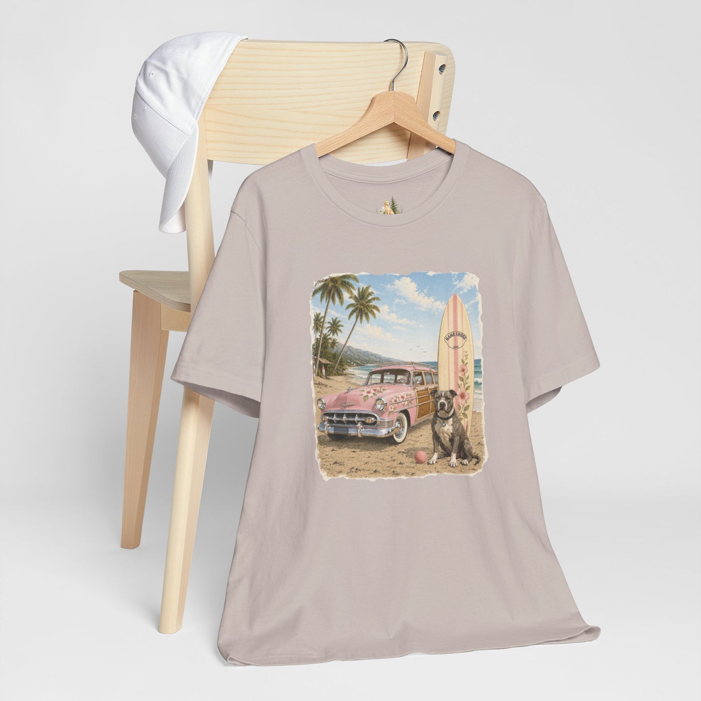 Vintage Beach Surf T‑Shirt — Retro Car, Surfboard & Dog Graphic