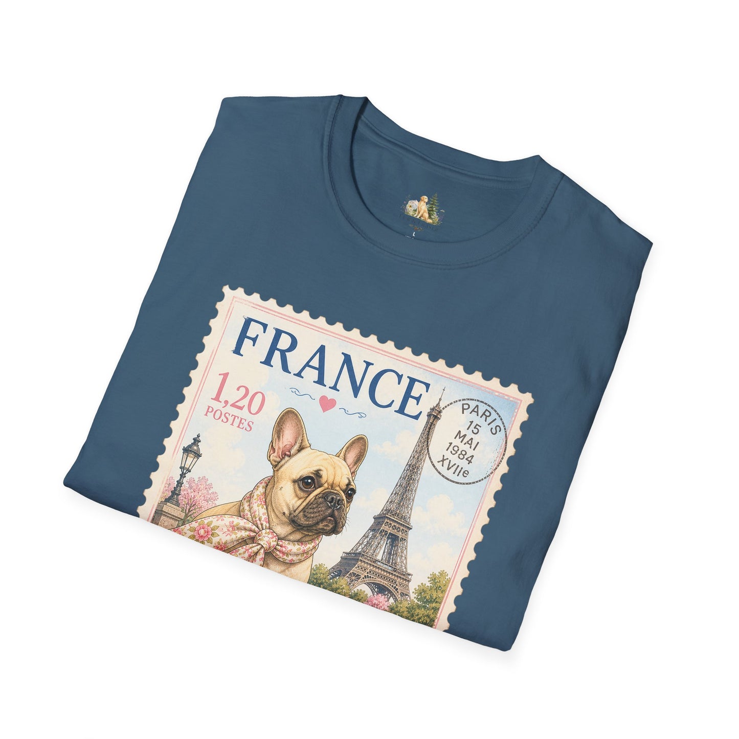French Bulldog Postage Stamp T-Shirt | Eiffel Tower Paris Design (Light Weight, Ultra Soft Tee)