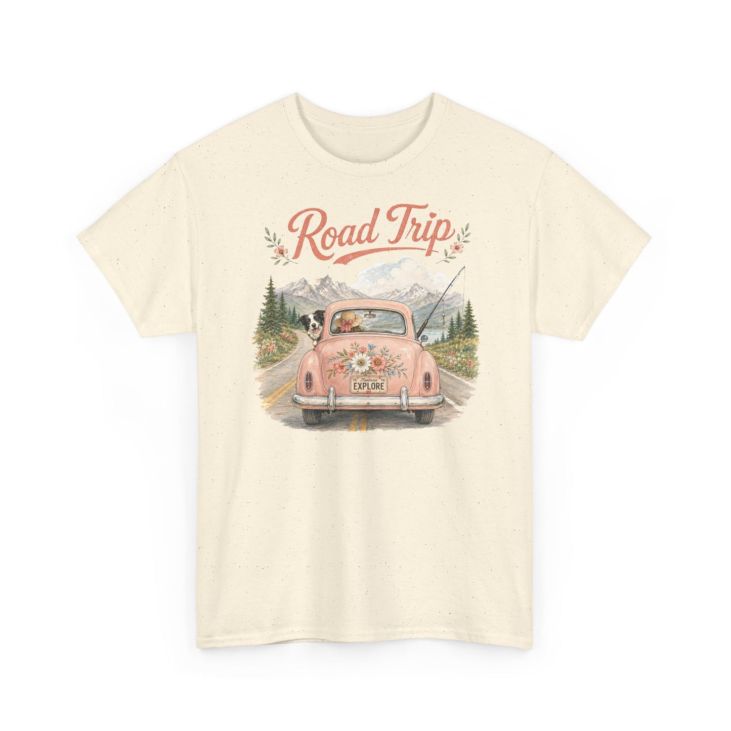 Road Trip Vintage Car T-Shirt — Retro Floral Scenic Drive Tee ( Heavy Weight Tee)