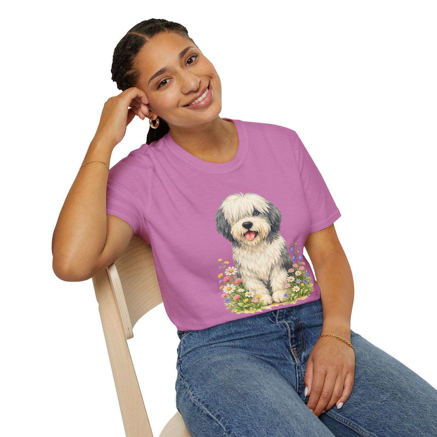 Old English Sheepdog Floral Tee — Cute Dog T‑Shirt for Dog Lovers (Light Weight, Ultra Soft Tee)