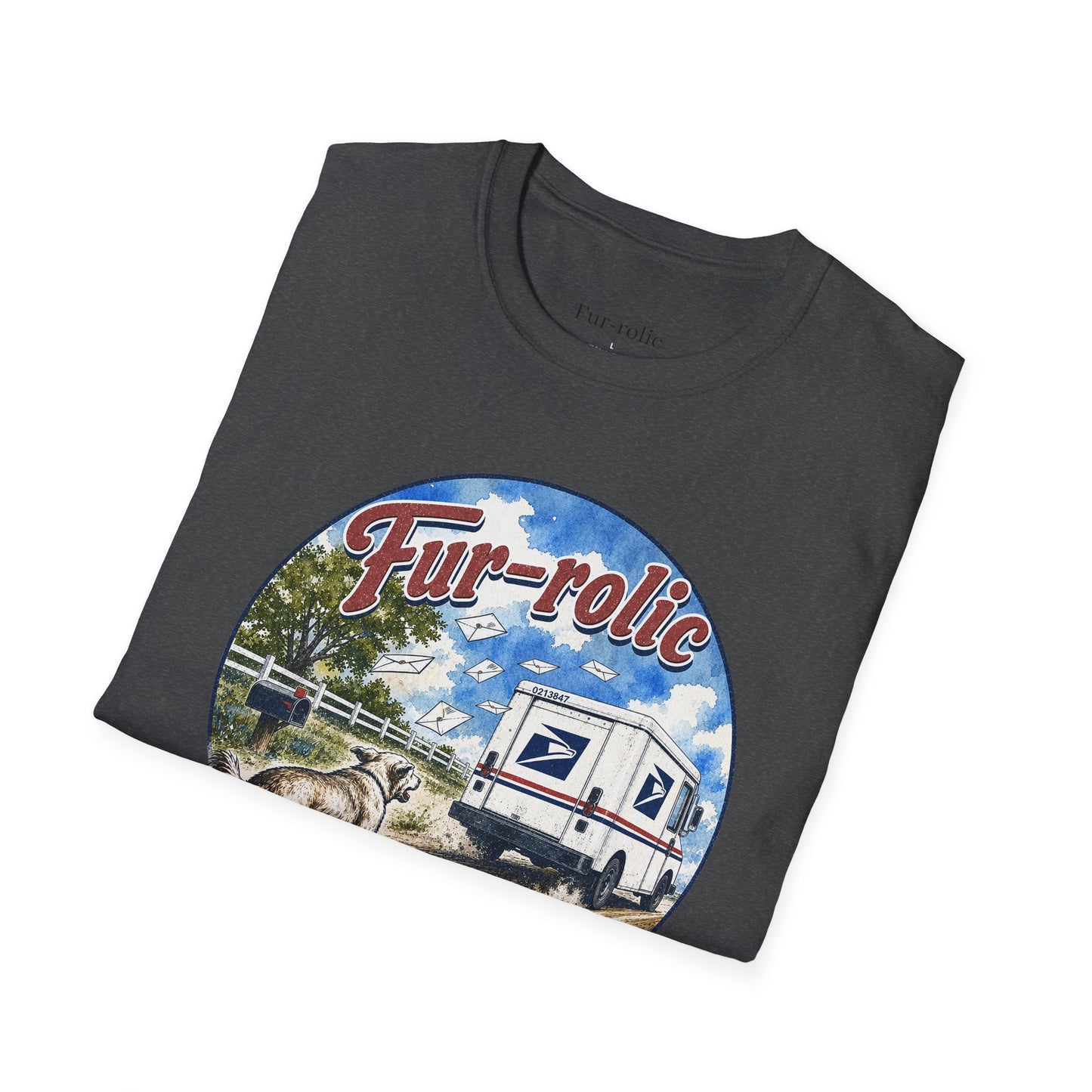 Fur-rolic T-Shirt — Postal Mail Truck & Playful Dogs Retro Graphic Tee (Light Weight Ultra Soft Tee)