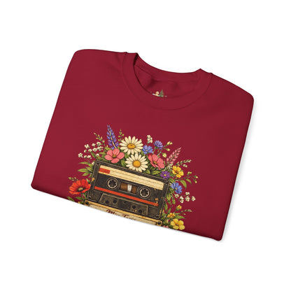 Retro Cassette Floral Sweatshirt — Vintage Tape Player Crewneck