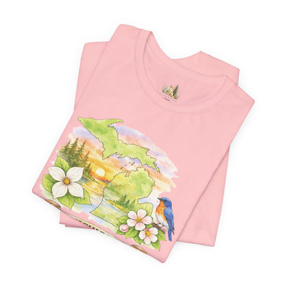 Michigan Scenic T-Shirt — State Flower & Bluebird Watercolor Design