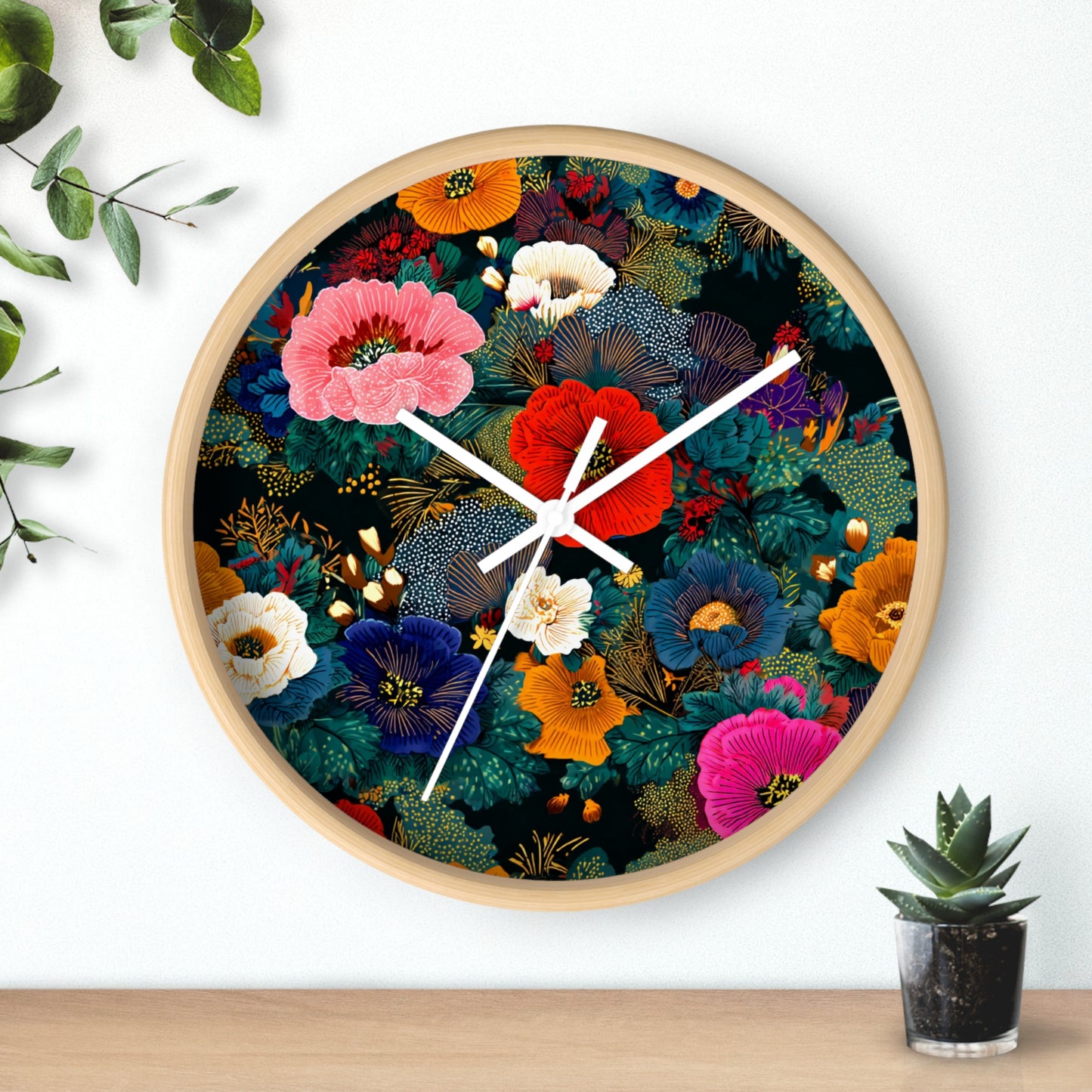 Floral Night Garden Wall Clock — Colorful Botanical Clock for Living Room & Bedroom
