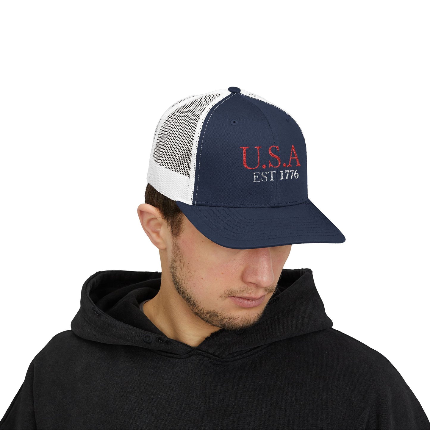 USA EST 1776 Snapback Trucker Cap — Patriotic American Flag Style