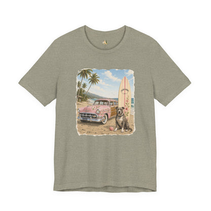 Vintage Beach Surf T‑Shirt — Retro Car, Surfboard & Dog Graphic