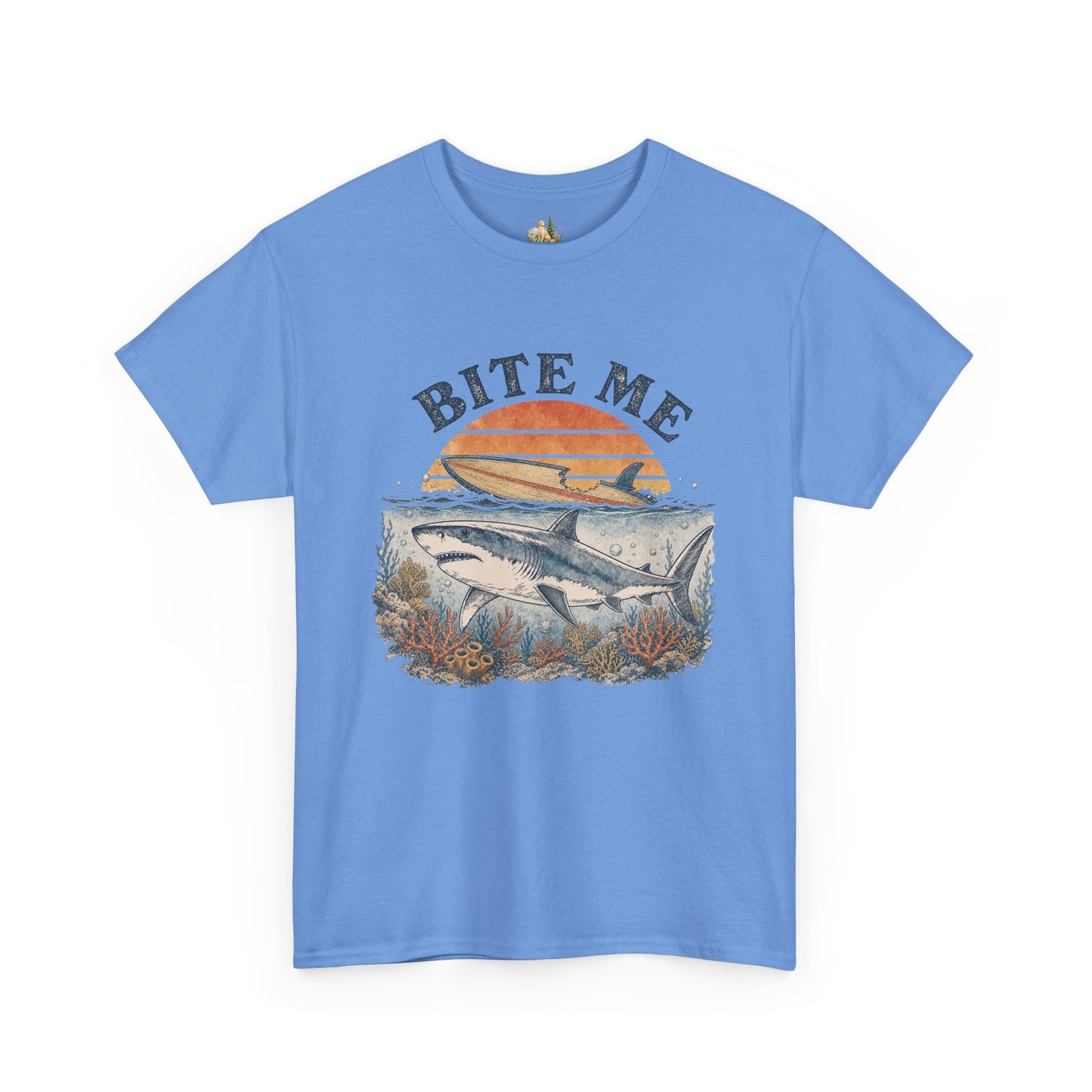 Shark 'Bite Me' Graphic Tee — Vintage Ocean Sunset Fishing Shirt (Heavy Weight Tee)