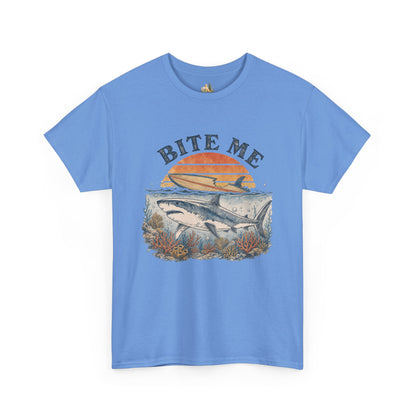 Shark 'Bite Me' Graphic Tee — Vintage Ocean Sunset Fishing Shirt (Heavy Weight Tee)
