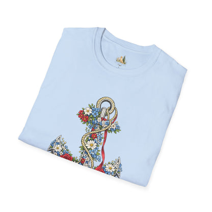 Floral Anchor Illustration T-Shirt Nautical Anchor with Roses (Light Weight, Ultra Soft T-Shirt)