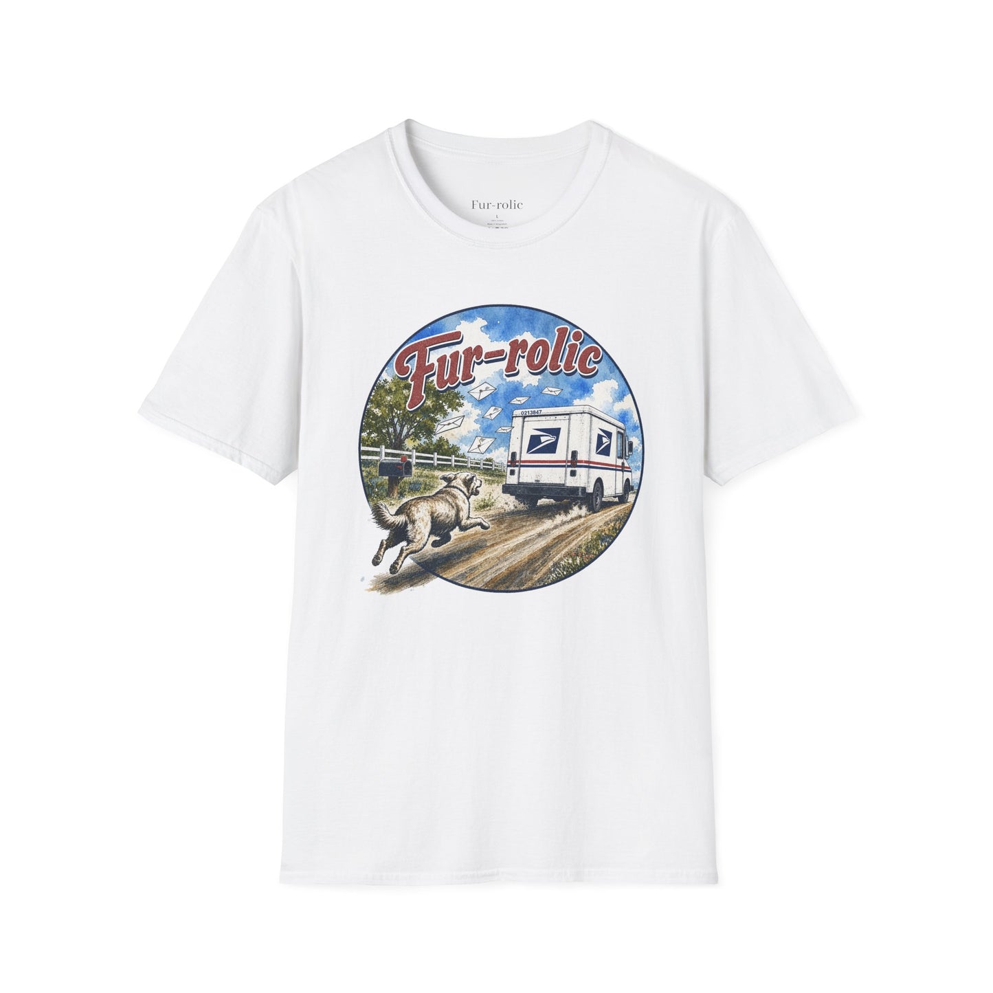 Fur-rolic T-Shirt — Postal Mail Truck & Playful Dogs Retro Graphic Tee (Light Weight Ultra Soft Tee)
