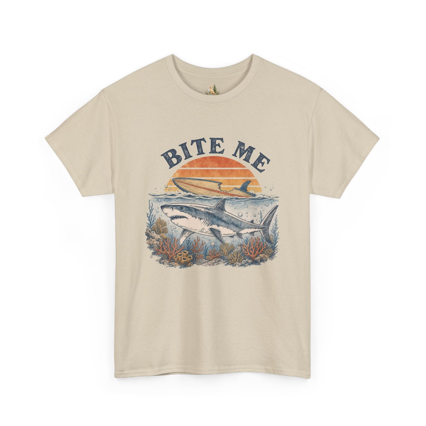Shark 'Bite Me' Graphic Tee — Vintage Ocean Sunset Fishing Shirt (Heavy Weight Tee)