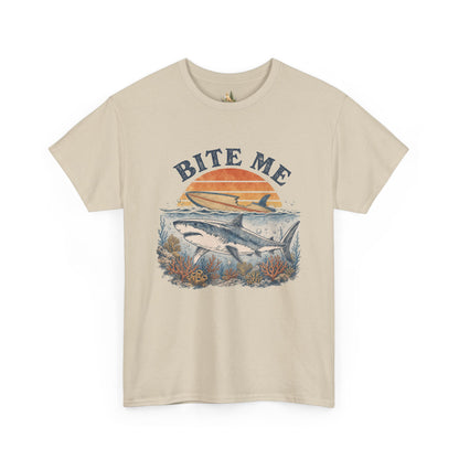 Shark 'Bite Me' Graphic Tee — Vintage Ocean Sunset Fishing Shirt (Heavy Weight Tee)