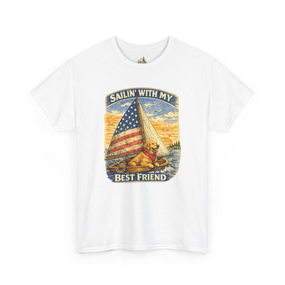 Unisex Sailin' With My Best Friend T-Shirt - Dog & American Flag Sailing Crew Tee (Light Weight, Ultra Soft Cotton)