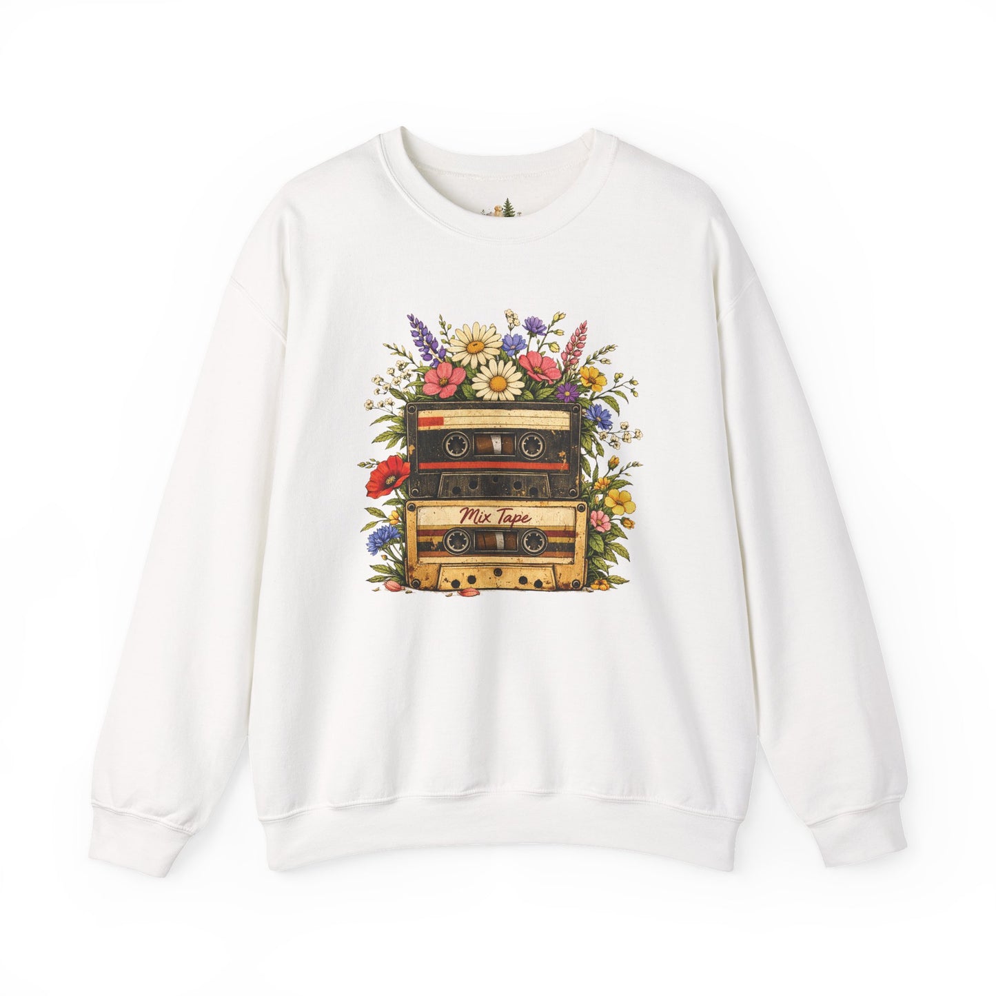 Retro Cassette Floral Sweatshirt — Vintage Tape Player Crewneck