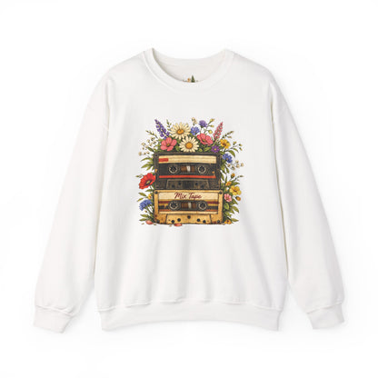 Retro Cassette Floral Sweatshirt — Vintage Tape Player Crewneck