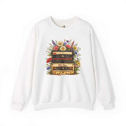 Retro Cassette Floral Sweatshirt — Vintage Tape Player Crewneck