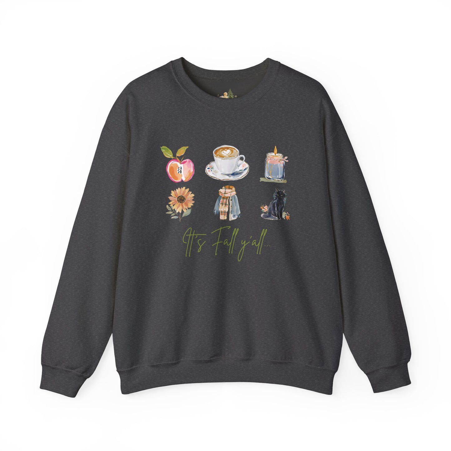 Fall Icons Crewneck Sweatshirt — Cozy Autumn Peach, Coffee, Candle & Cat Design