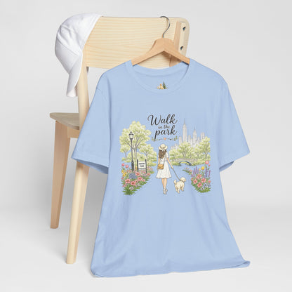Walk in the Park T-Shirt | Woman Walking Dog Park Illustration