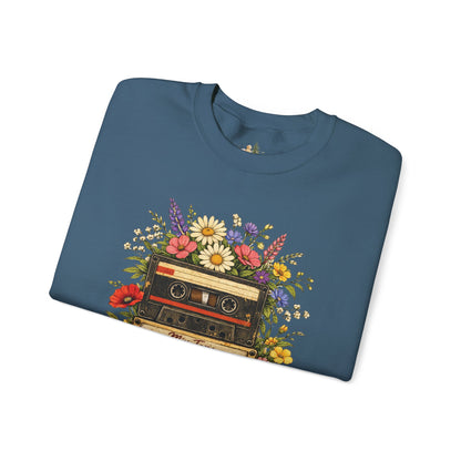 Retro Cassette Floral Sweatshirt — Vintage Tape Player Crewneck
