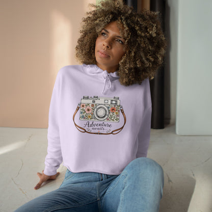 Cropped Hoodie — Floral Vintage Camera “Adventure Awaits” Crop Hoodie