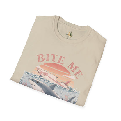 Bite Me Shark T-Shirt — Retro Ocean Sunset Graphic Tee (Light Weight, Ultra Soft)